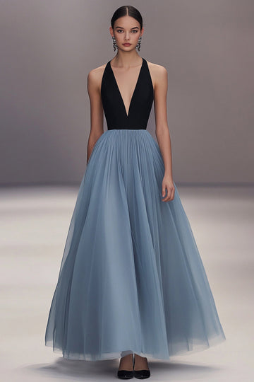 Col V Noir Bleu Plissé Tulle Robe Longue Formelle
